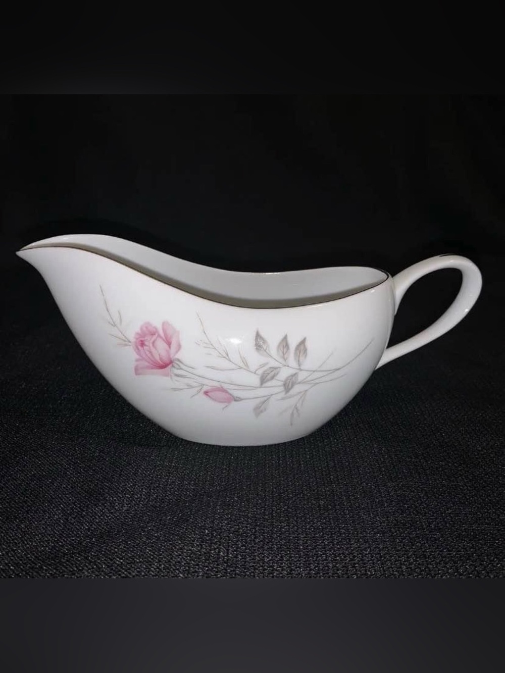 White Porcelain Gravy Boat with Pink Floral Accent